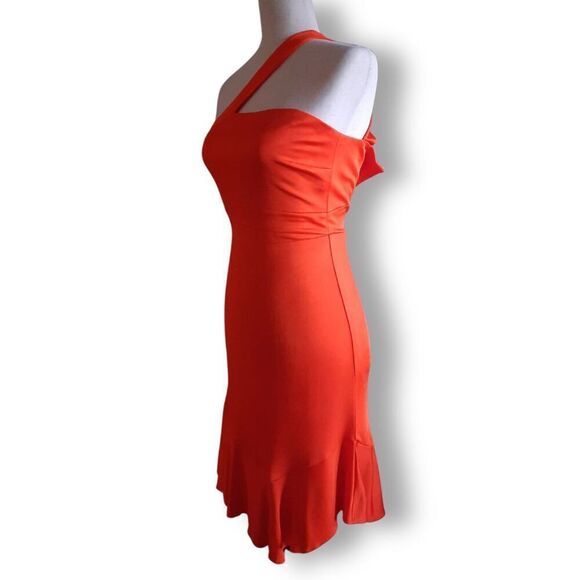 BCBG Max Azria Asymmetrical Bodycon Cutout Dress Red-Orange Shimmer Size XXS - Picture 5 of 16